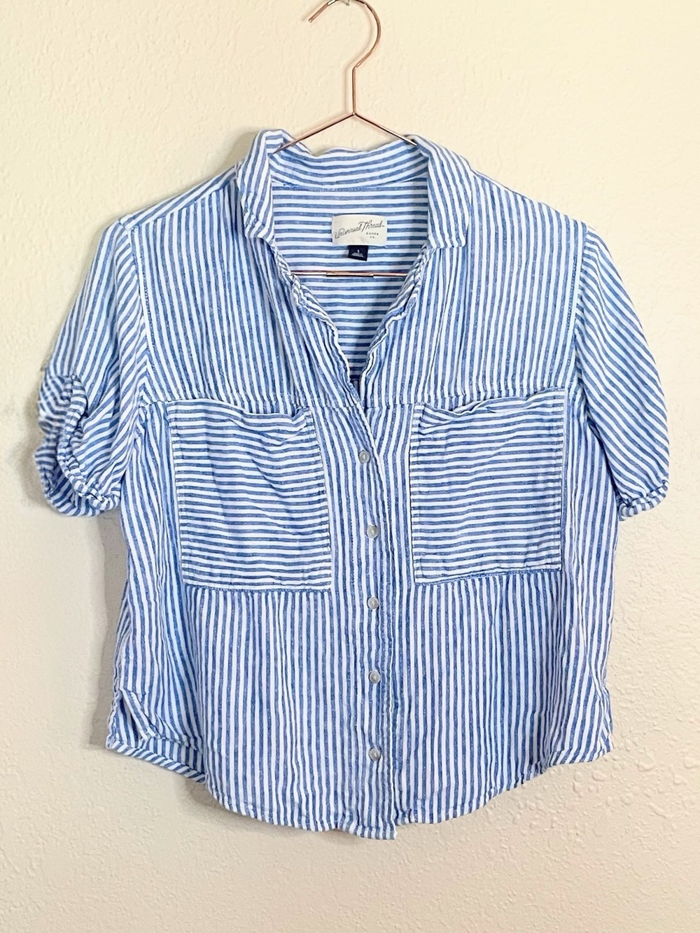 Universal Thread Blue White Stripe Linen Blend Top Small